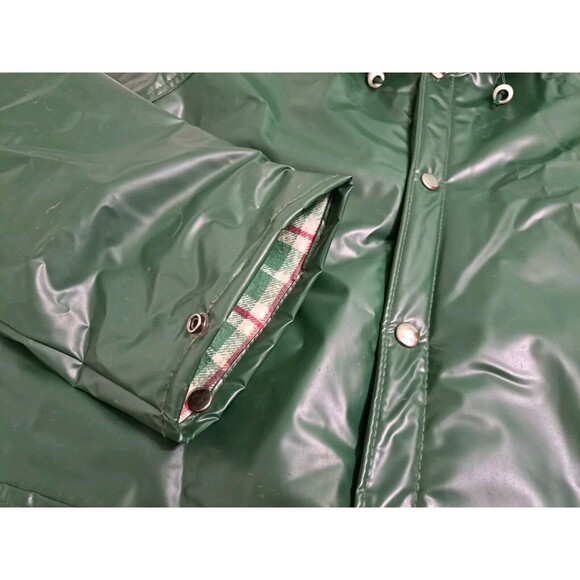 Duck Bay Raincoat PVC Rain Jacket Mens Medium Hooded Insulated Plaid Lined Green - Picture 5 of 12